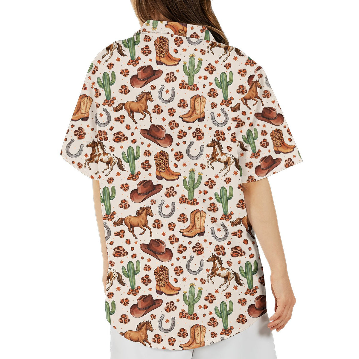 Outdoor lifestyle view of the beige western hawaiian shirt