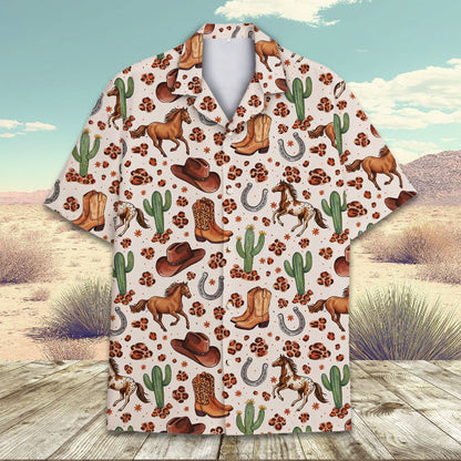 Family wearing matching western hawaiian shirts outdoors