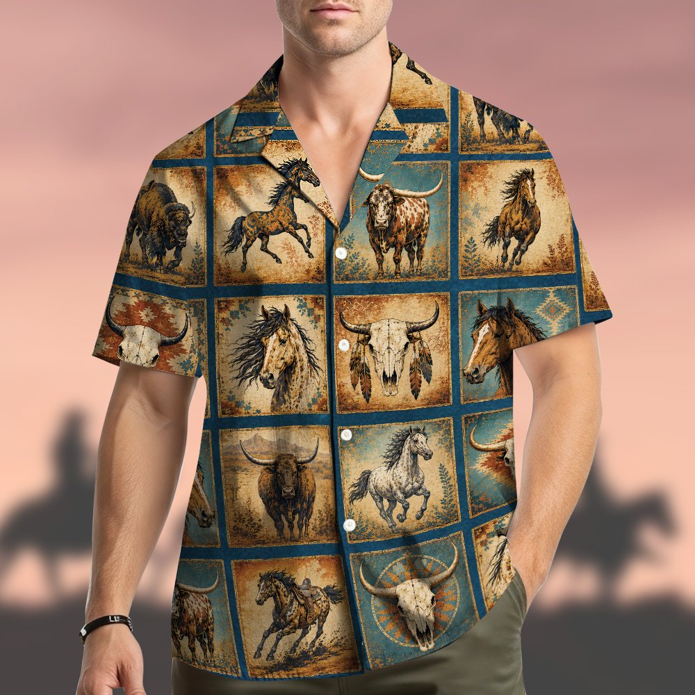 Lifestyle view of a person wearing the blue western hawaiian shirt