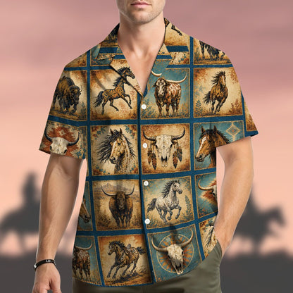 Lifestyle view of a person wearing the blue western hawaiian shirt