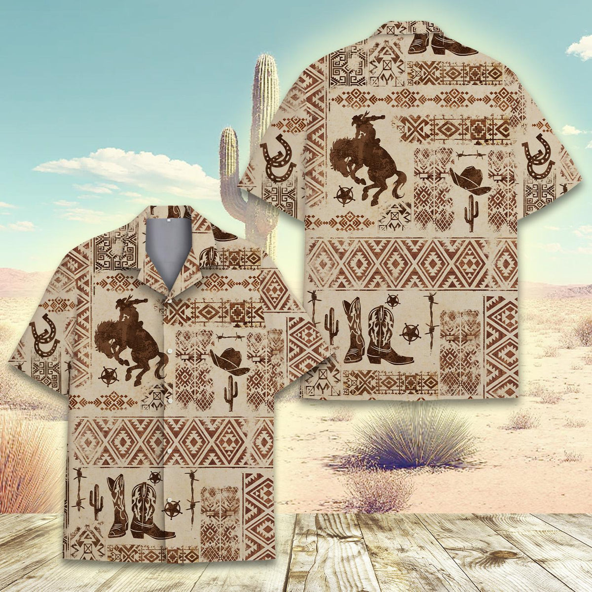 Close-up detail view of the brown and beige western hawaiian shirt pattern