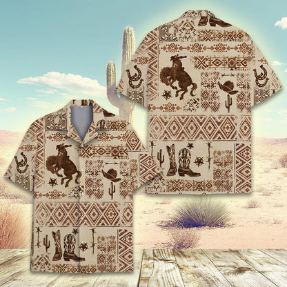 Close-up detail view of the brown and beige western hawaiian shirt pattern