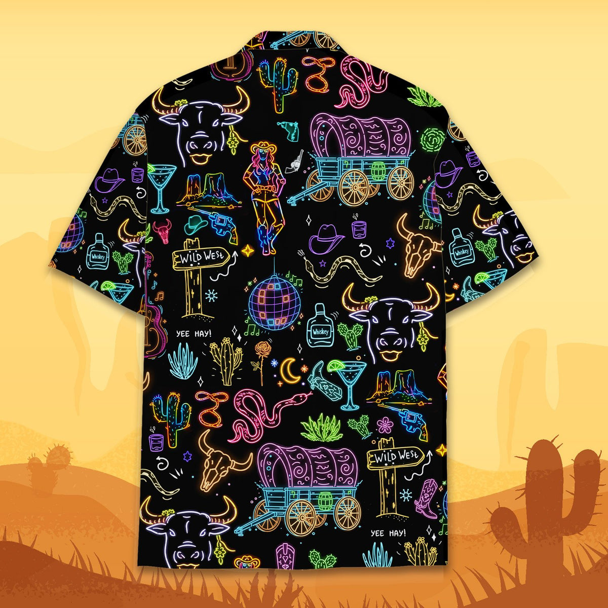 Secondary back view of the western neon retro hawaiian shirt showing fit and pattern placement