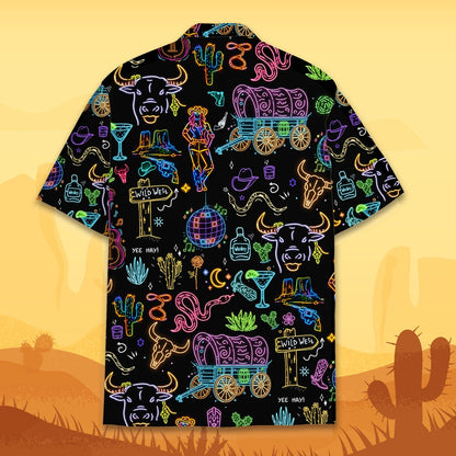 Secondary back view of the western neon retro hawaiian shirt showing fit and pattern placement