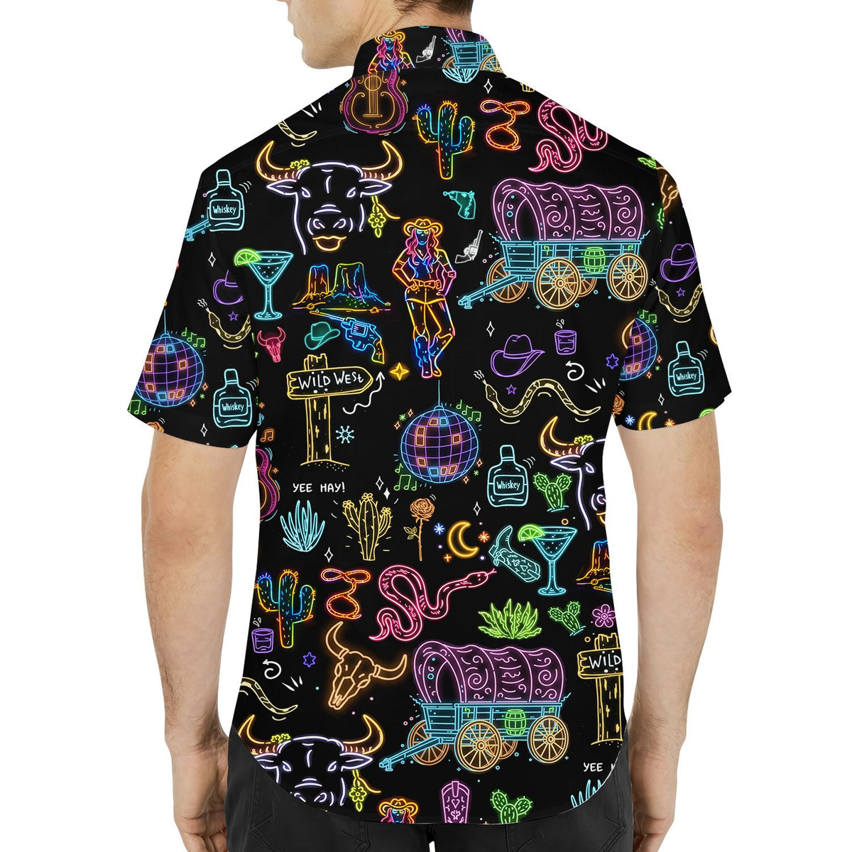 Back view of the matching family hawaiian shirt featuring all-over neon western retro design