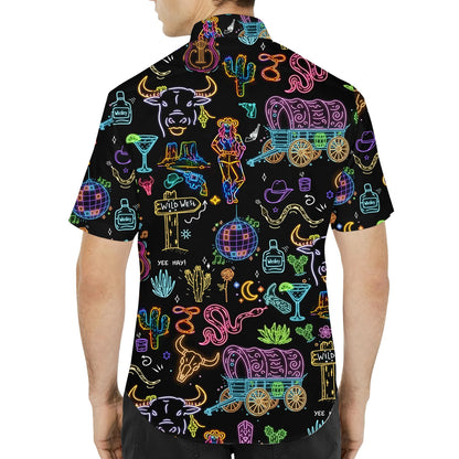 Back view of the matching family hawaiian shirt featuring all-over neon western retro design