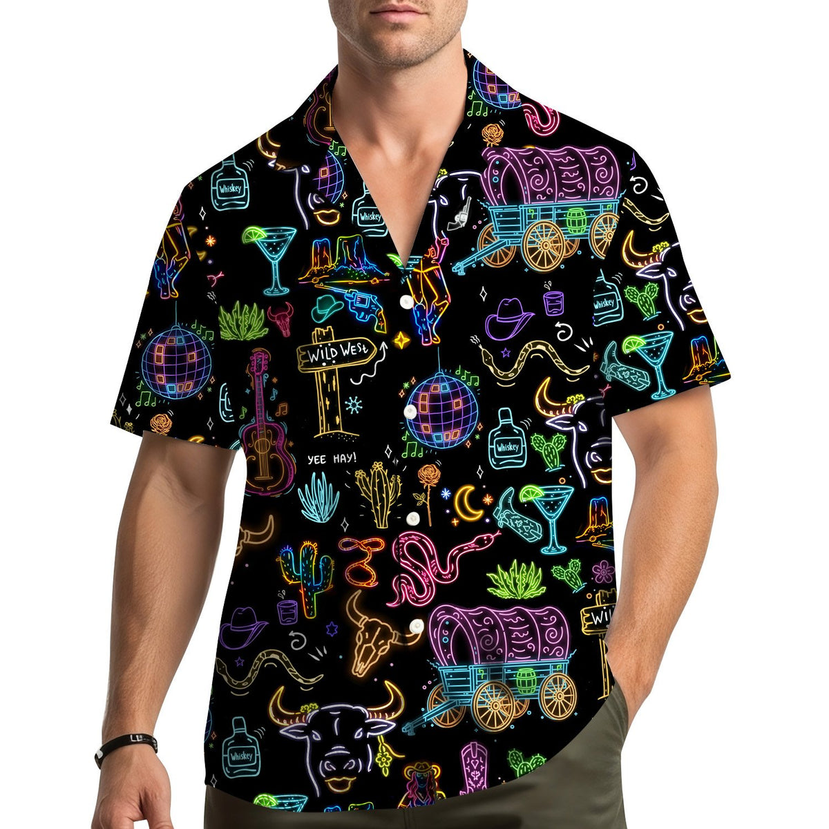 Front detail view 2 of the matching family hawaiian shirt showing neon disco balls and cowboy hats