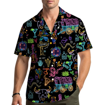 Front detail view 2 of the matching family hawaiian shirt showing neon disco balls and cowboy hats