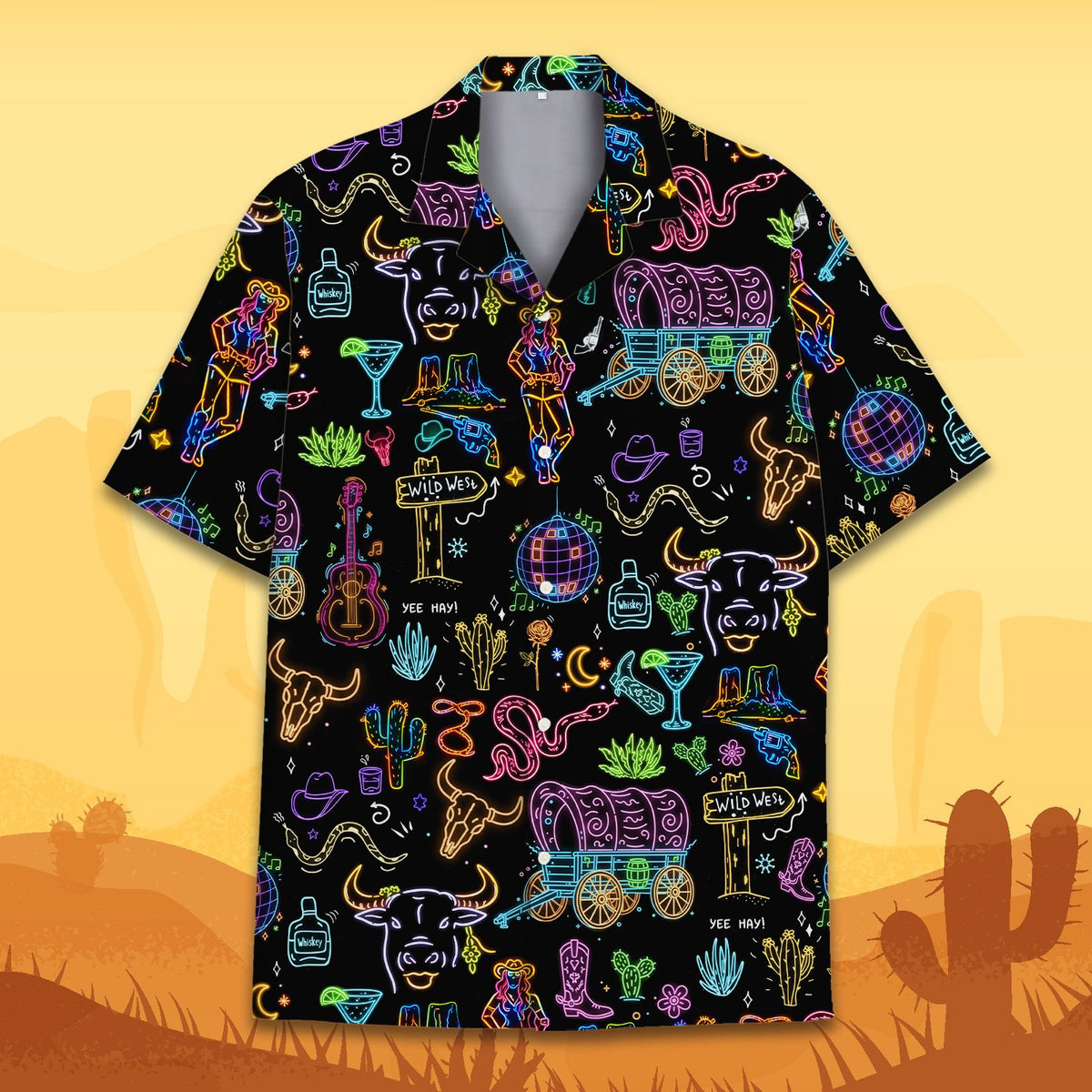 Front detail view 3 of the western neon retro pattern on black polyester fabric