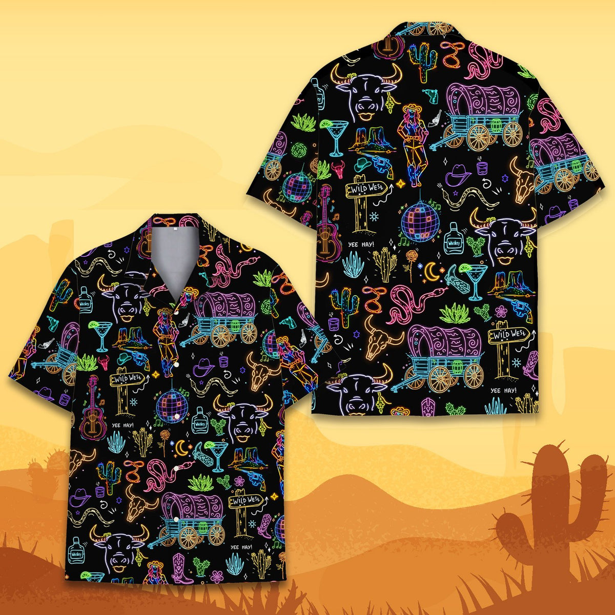 Front detail view 4 highlighting the button-down style and vibrant neon graphics