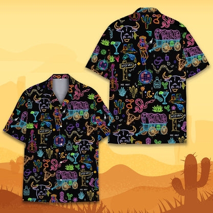 Front detail view 4 highlighting the button-down style and vibrant neon graphics