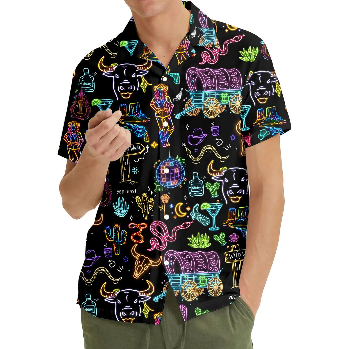 Matching family western neon retro hawaiian shirt featuring neon western graphics on a black background, main view