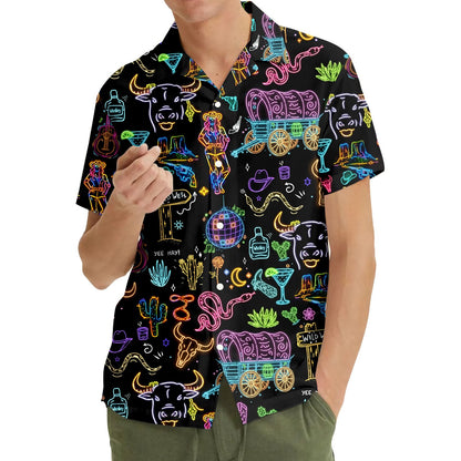 Front view of the western neon retro hawaiian shirt with bright retro motifs