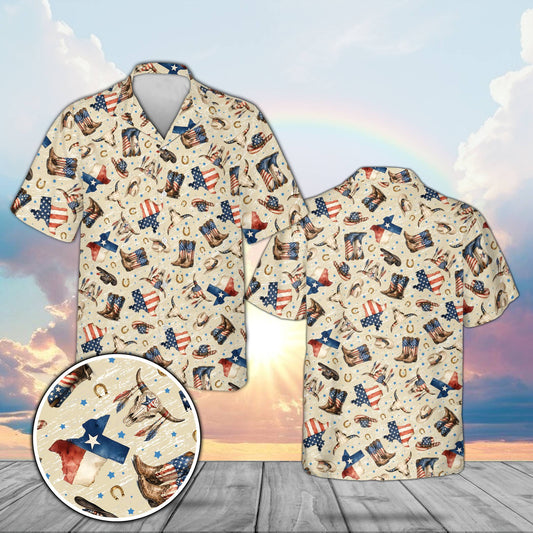 Western patriotic hawaiian shirt featuring beige background with cowboy boots and flags, main view