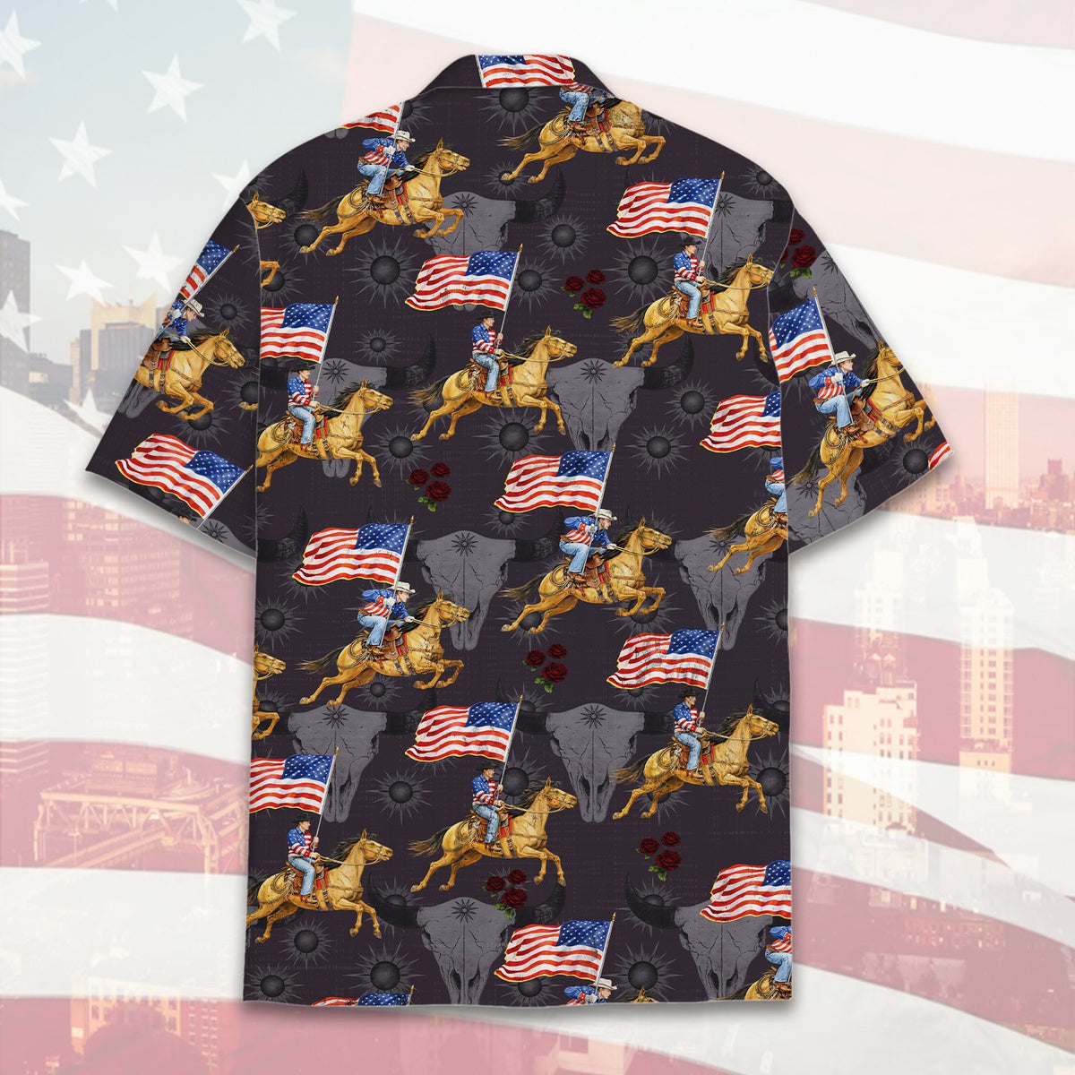 Another back view of the patriotic cowboy hawaiian shirt