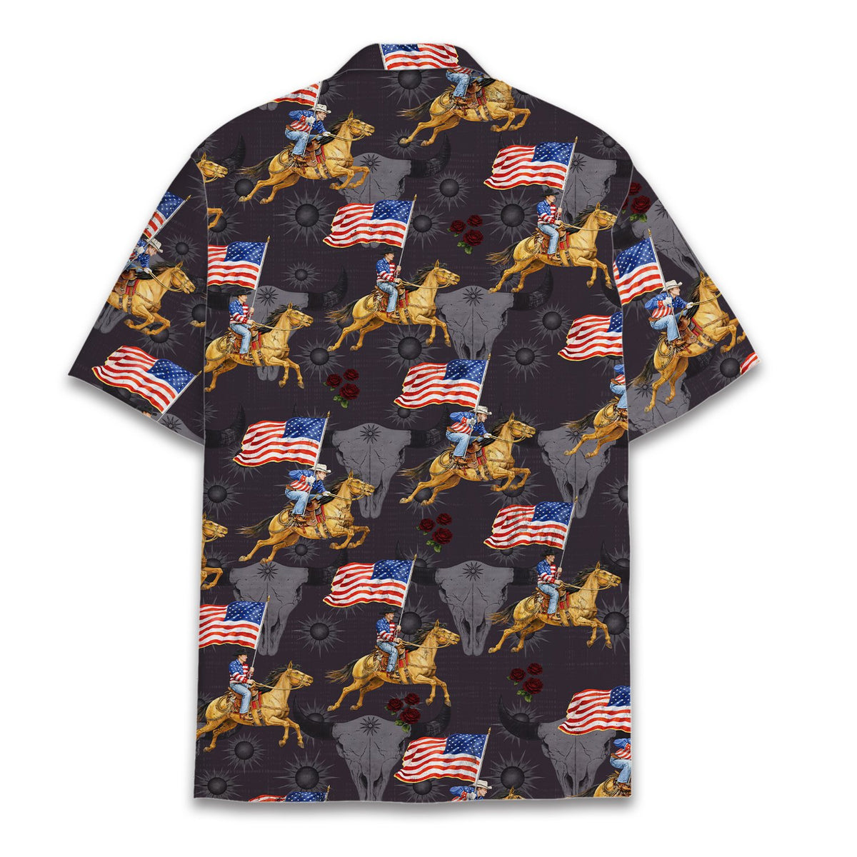 Back view of the black western hawaiian shirt showing the cowboy and flag pattern