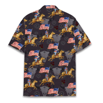 Back view of the black western hawaiian shirt showing the cowboy and flag pattern