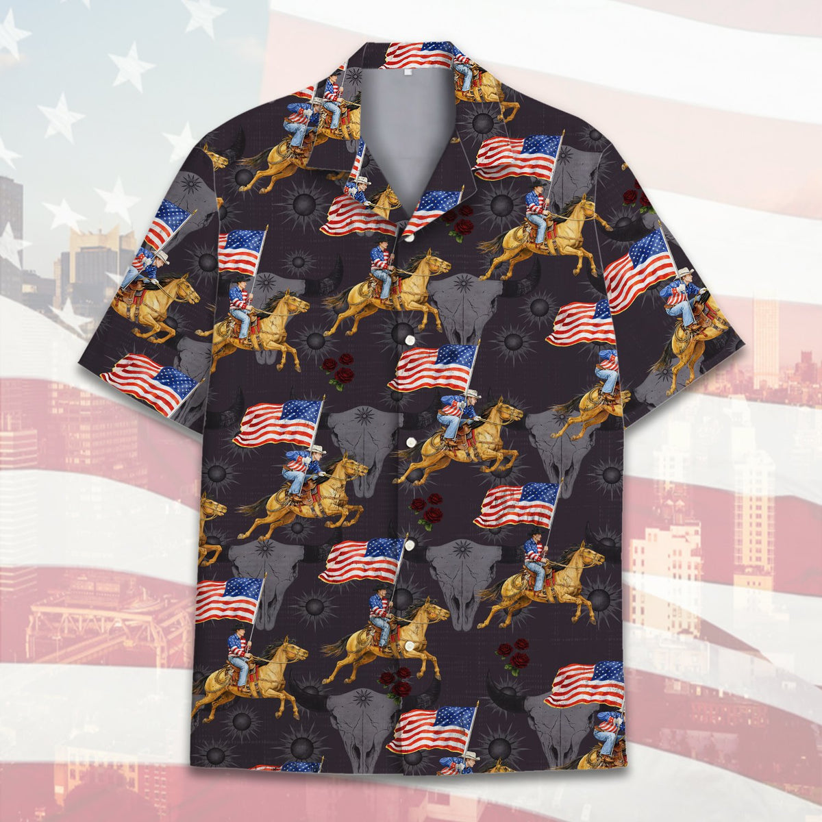 Close-up front view of the western patriotic hawaiian shirt