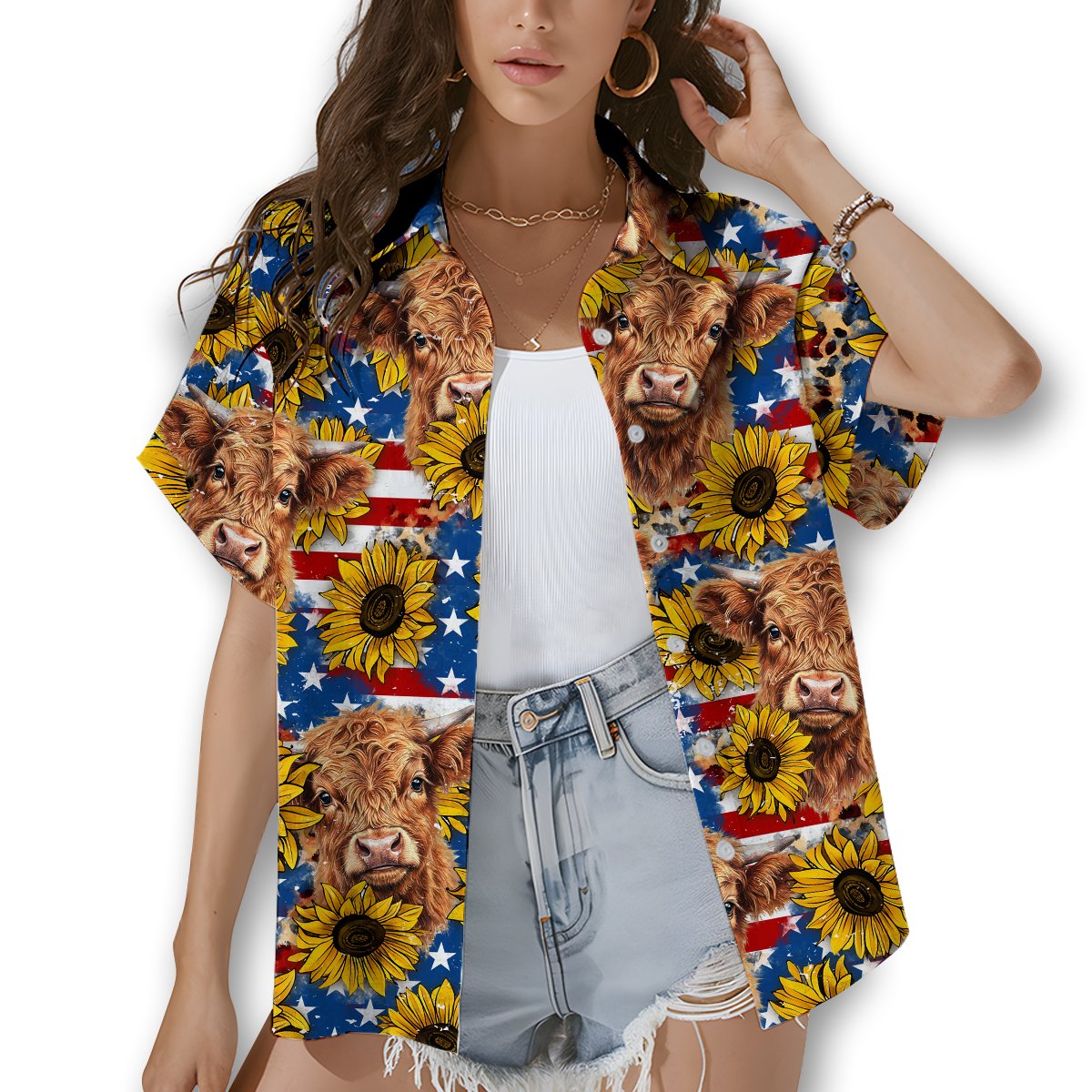 Front view of the western patriotic hawaiian shirt with distressed American flag pattern