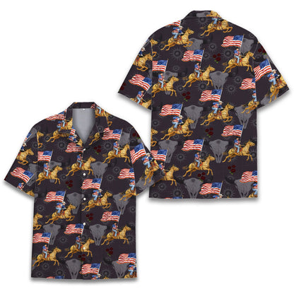 Front view of the black western hawaiian shirt with cowboy and red roses