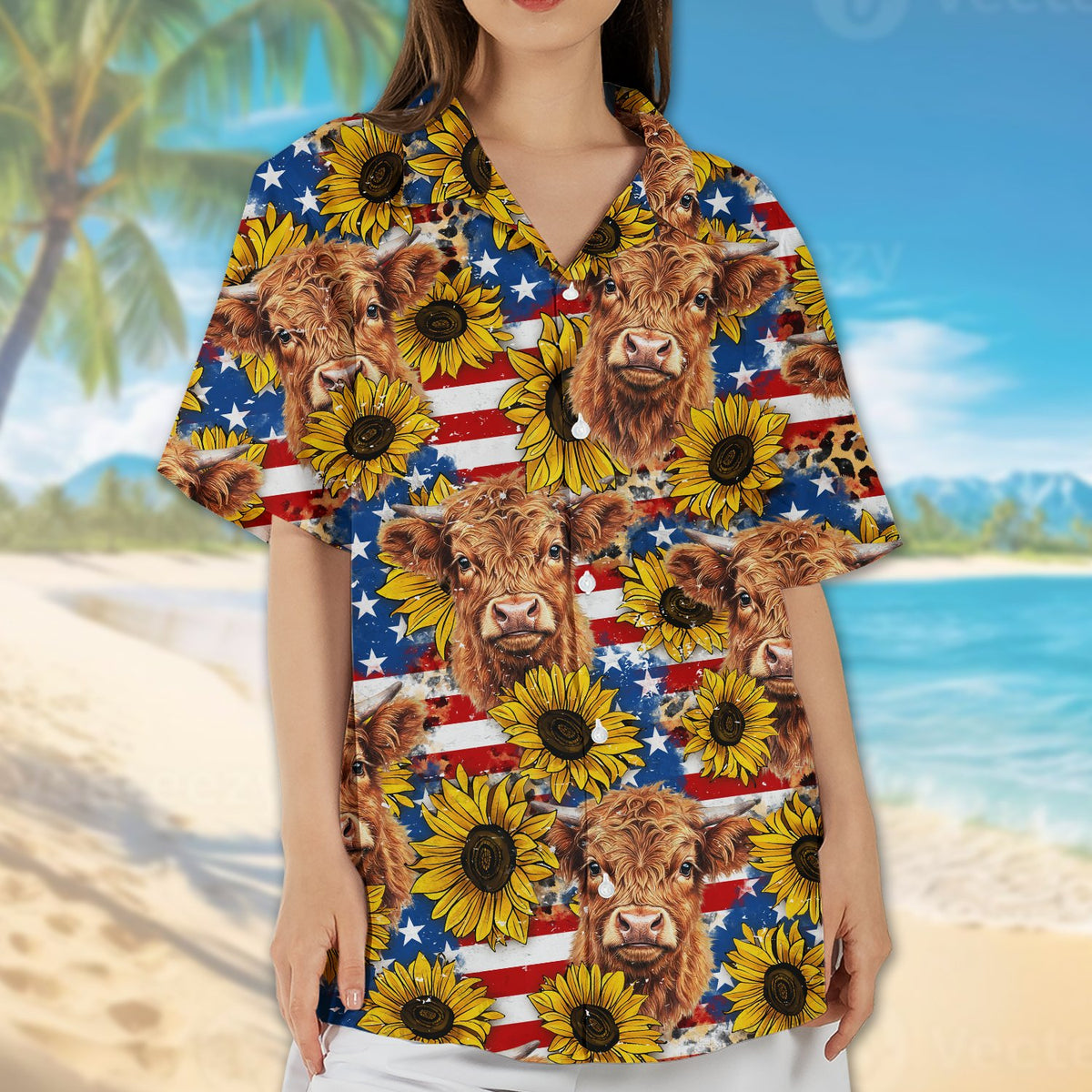 Second lifestyle view showcasing the red, white, and blue hawaiian shirt