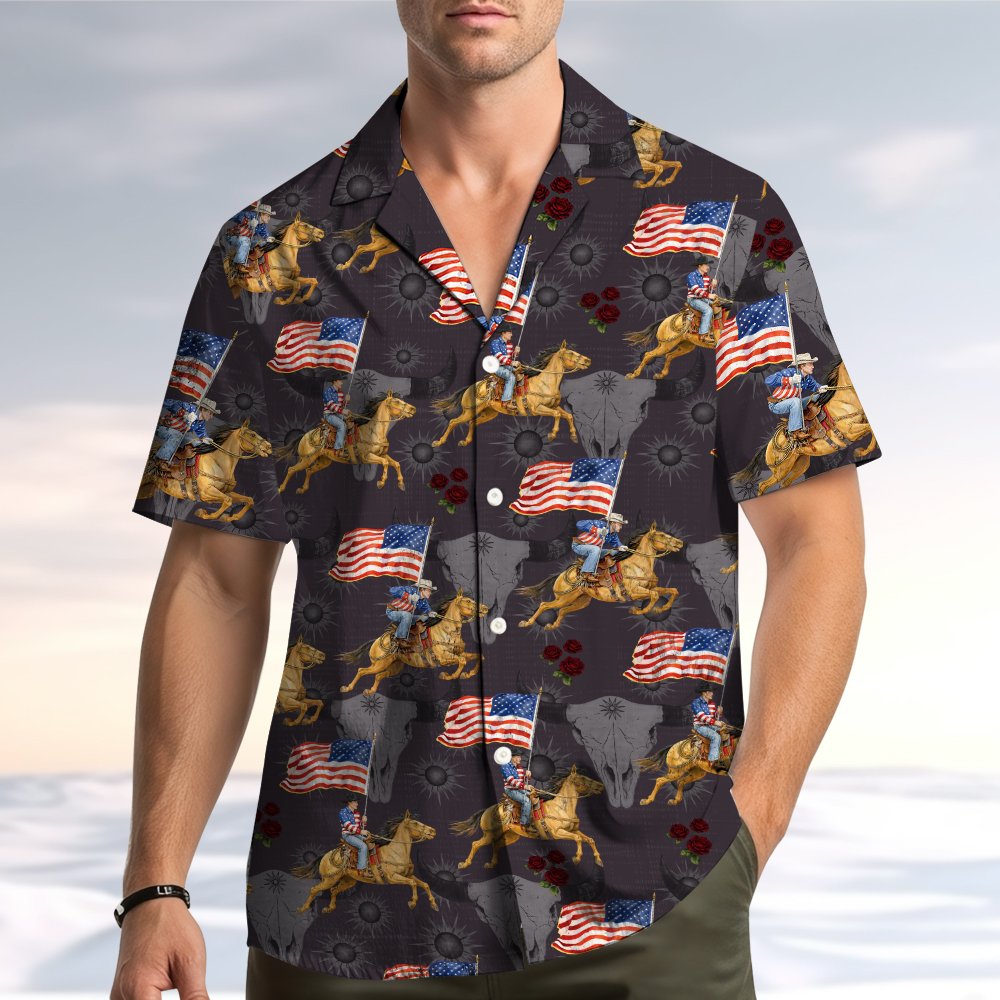 Another lifestyle view showcasing the black western hawaiian shirt for families