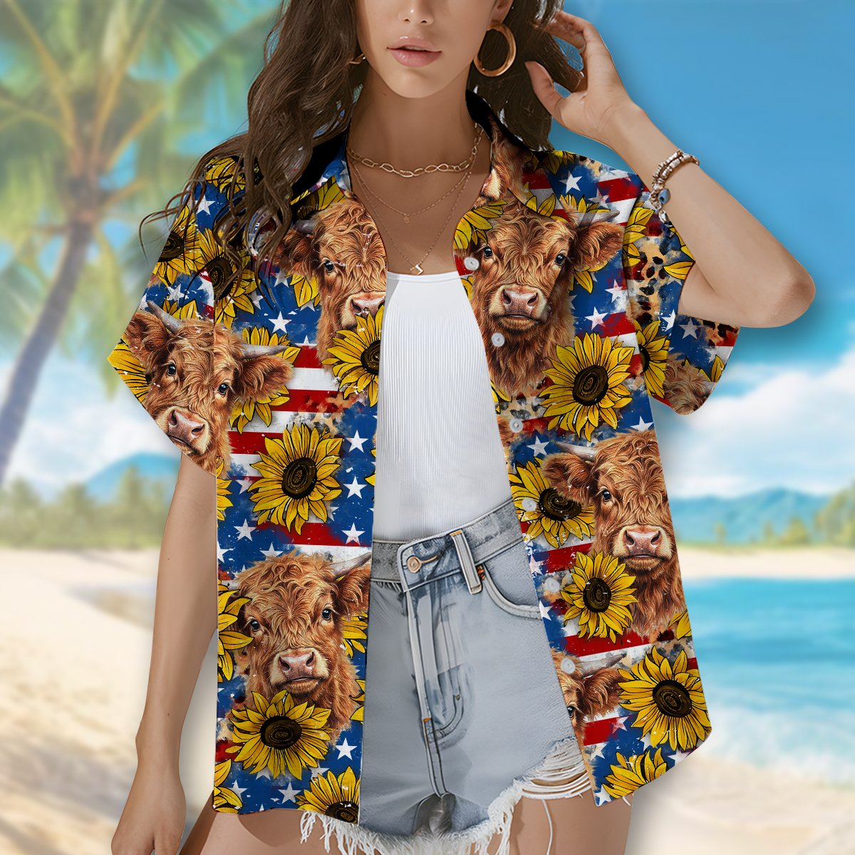 Third lifestyle shot of the western hawaiian shirt outdoors