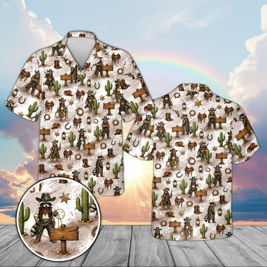 Western raccoon hawaiian shirt in beige front view