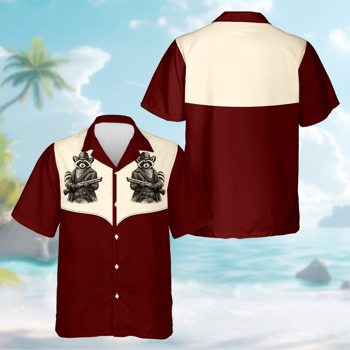 Close-up of the cream yoke on the maroon shirt