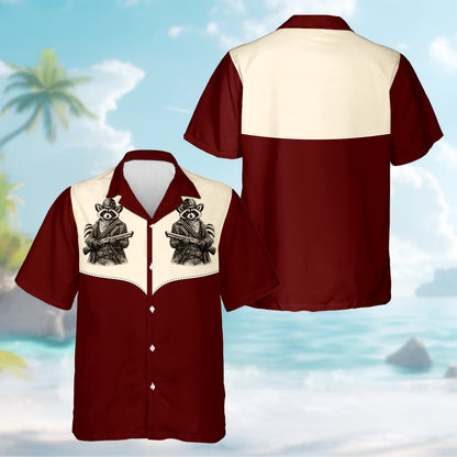 Close-up of the cream yoke on the maroon shirt
