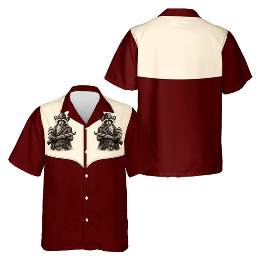 Maroon western hawaiian shirt with raccoon design, main view