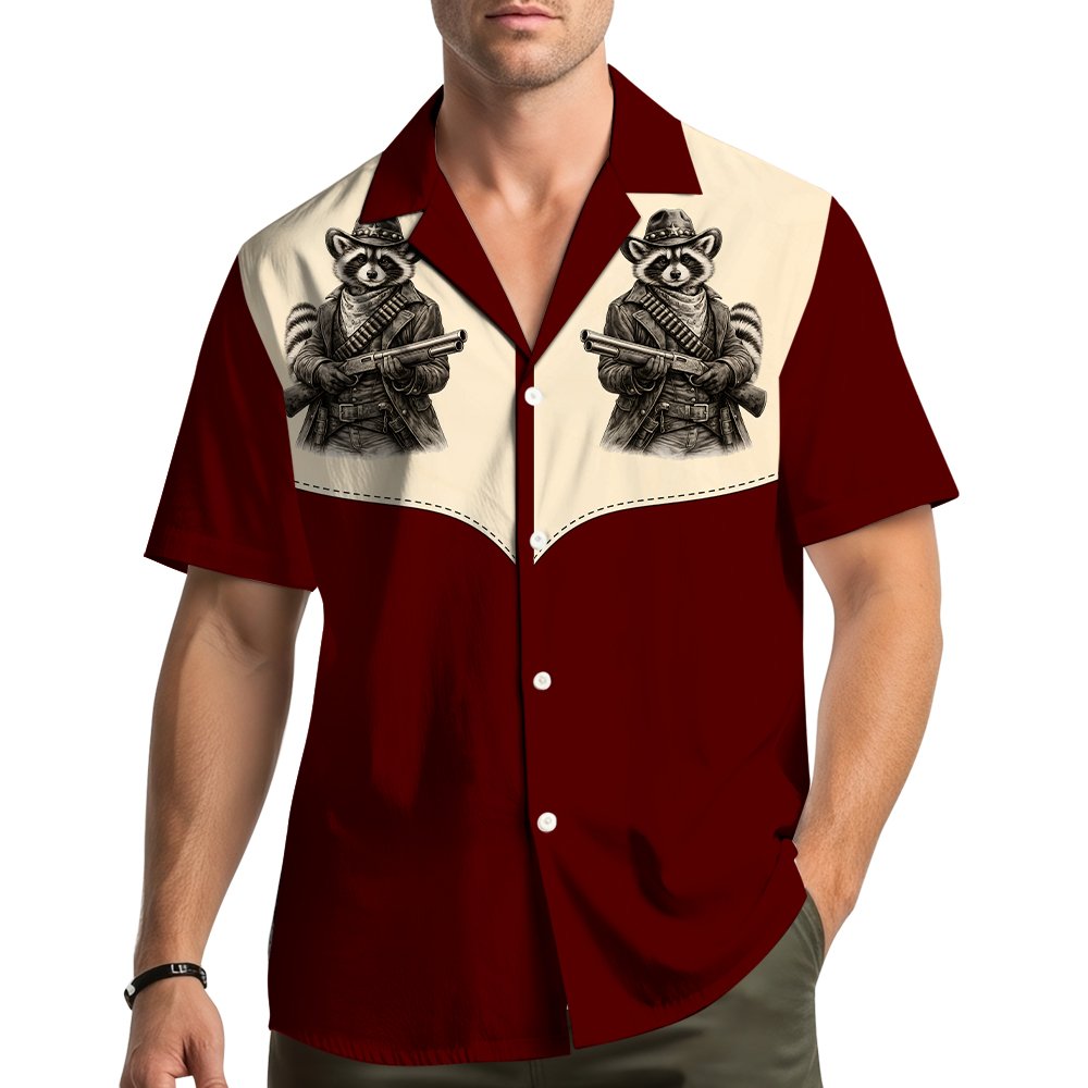 Lifestyle view of the western raccoon hawaiian shirt
