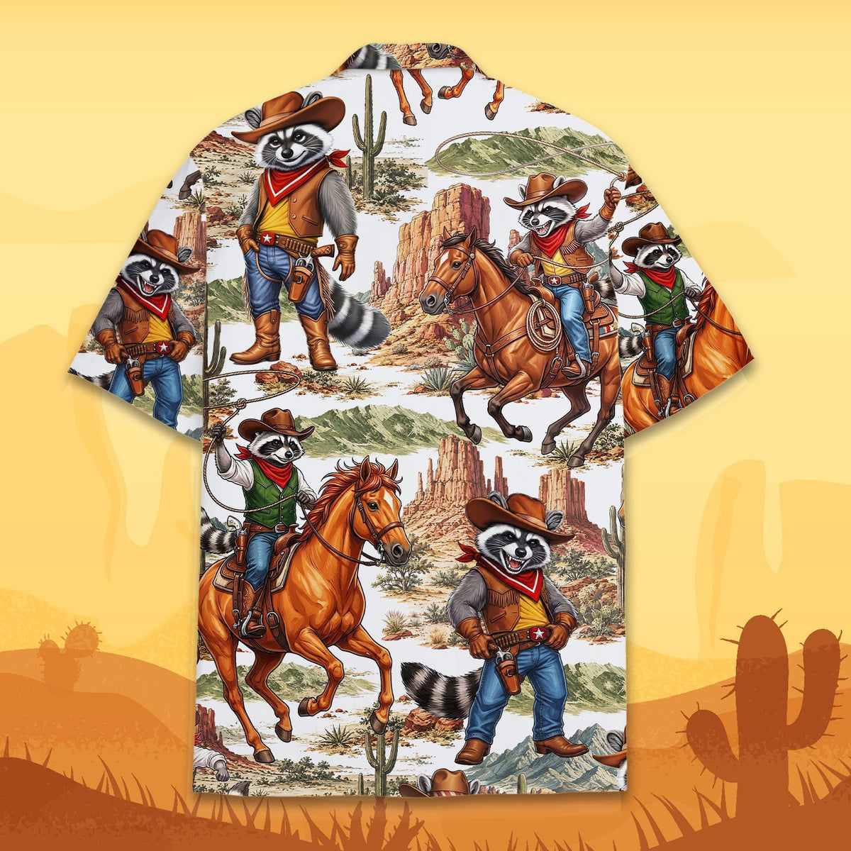 Back view of the western raccoon hawaiian shirt showing raccoons riding horses