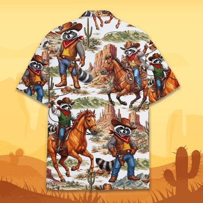 Back view of the western raccoon hawaiian shirt showing raccoons riding horses