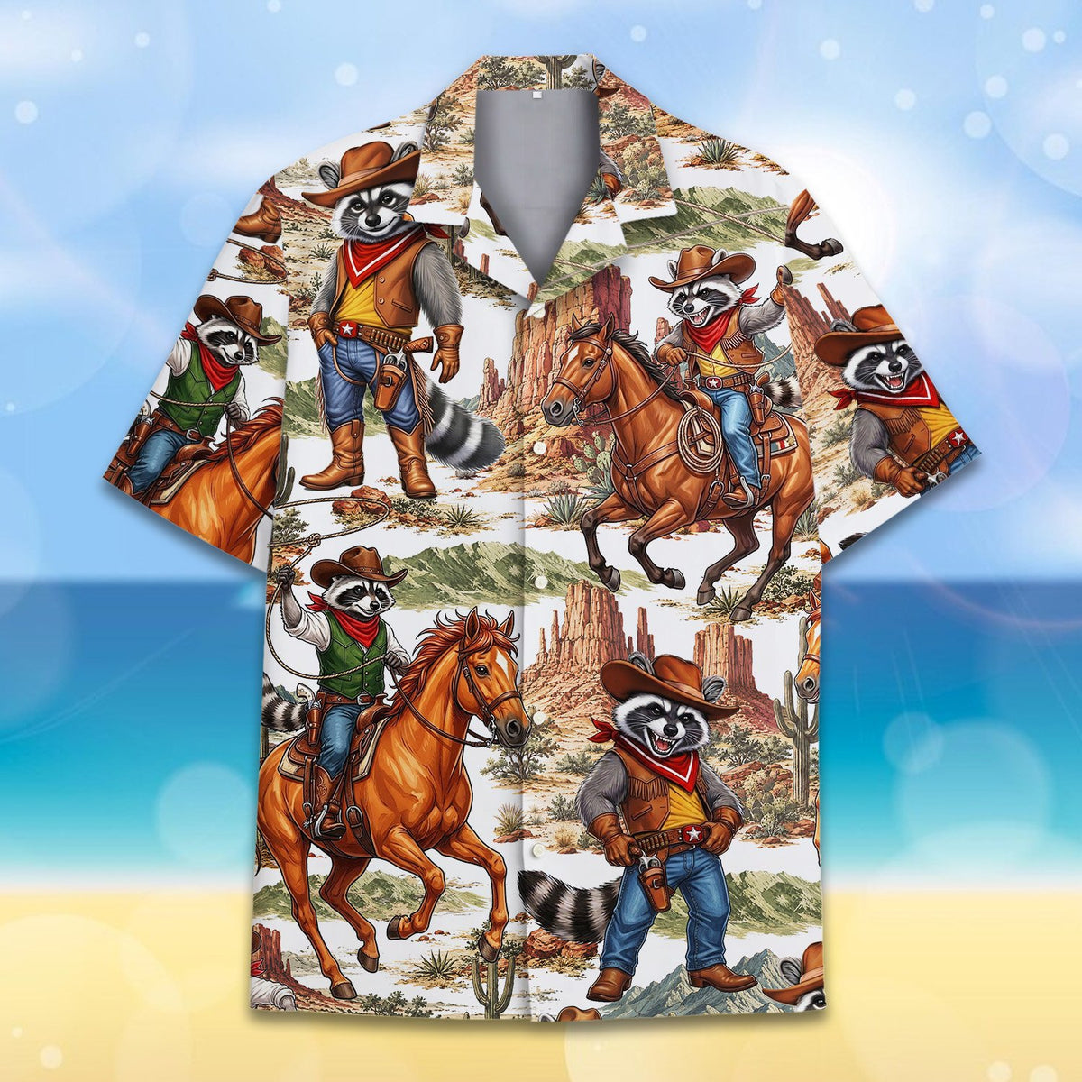 Front view of the western raccoon hawaiian shirt with cartoon desert landscape