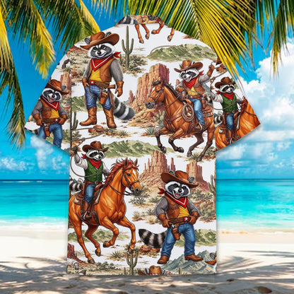 Lifestyle view of a person wearing the western raccoon hawaiian shirt outdoors