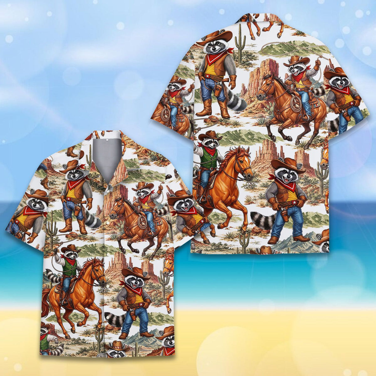 Another detailed angle of the desert and horse print on the hawaiian shirt