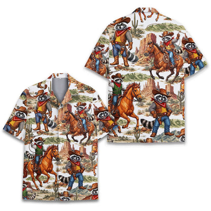 Close-up of the cartoon raccoon graphics on the matching family hawaiian shirt