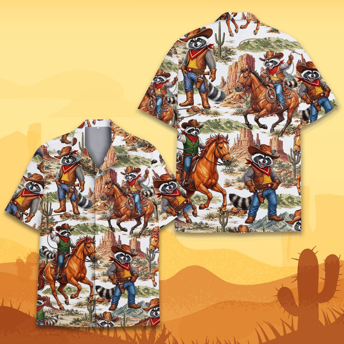 Detailed view of the western raccoon hawaiian shirt fabric and pattern