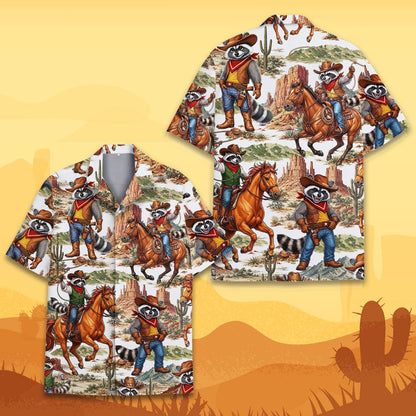Detailed view of the western raccoon hawaiian shirt fabric and pattern