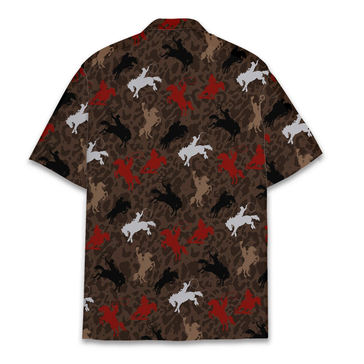 Rodeo hawaiian shirt with bucking bronco riders on a brown background, back view
