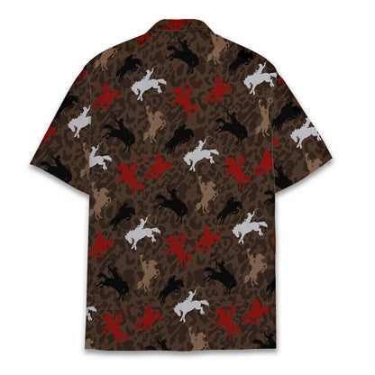Rodeo hawaiian shirt with bucking bronco riders on a brown background, back view