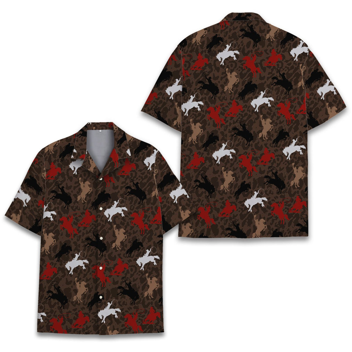 Rodeo hawaiian shirt with bucking bronco riders on a brown background, front view
