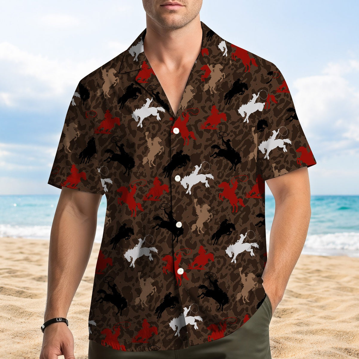 Second lifestyle view of the western rodeo hawaiian shirt on a model