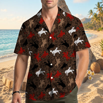 Third lifestyle view of the western rodeo hawaiian shirt on a model