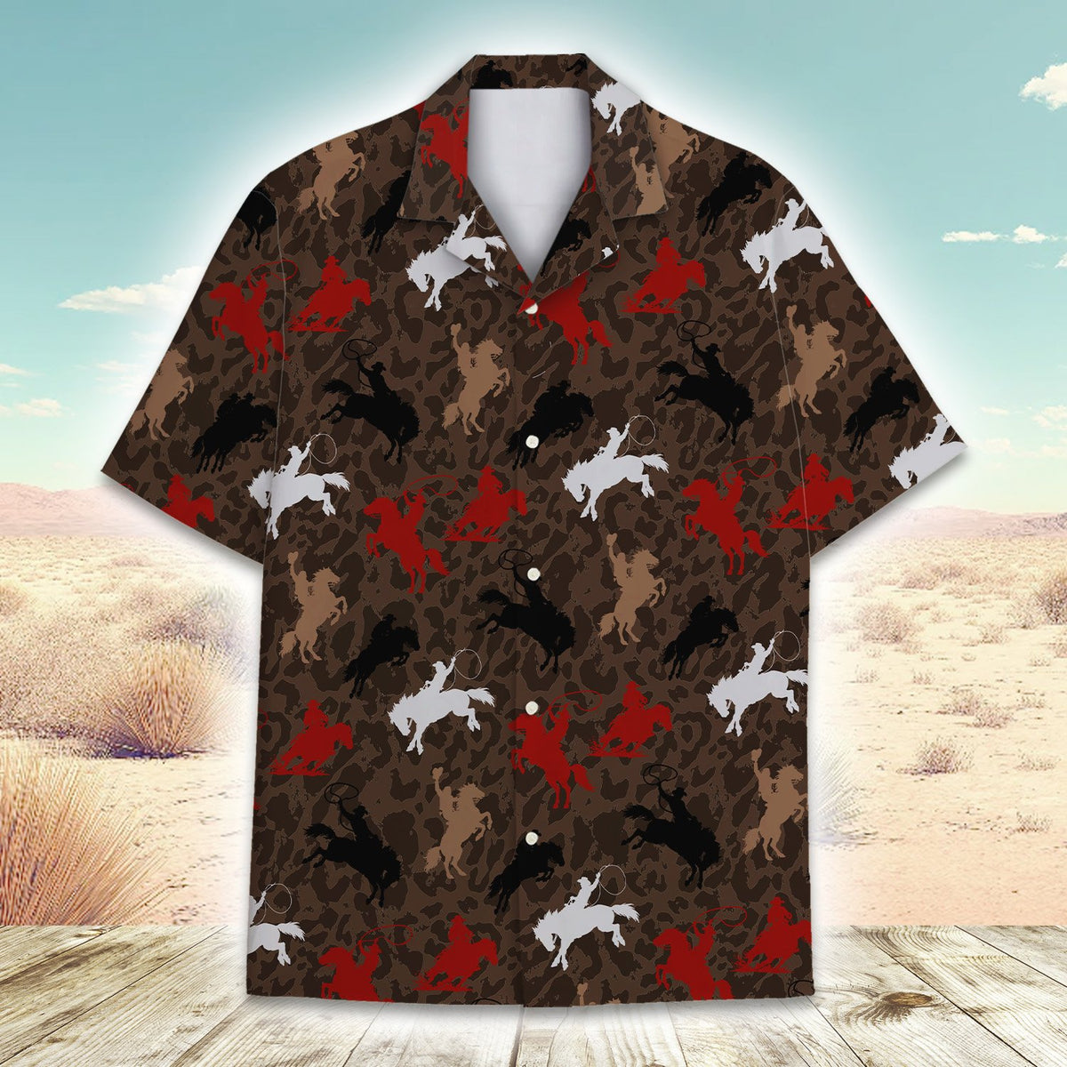 Fourth lifestyle view of the western rodeo hawaiian shirt on a model