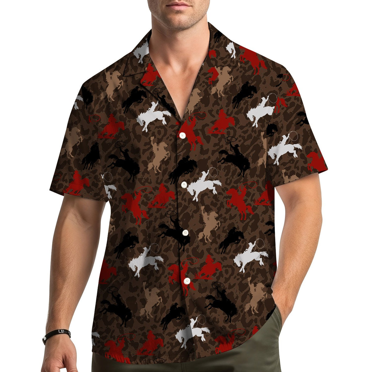 Lifestyle view of the western rodeo hawaiian shirt on a model