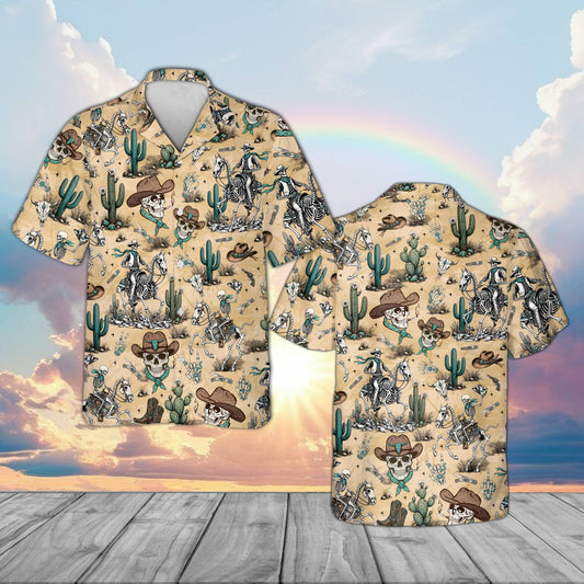Matching family hawaiian shirt featuring a western skeleton pattern on a beige background, main view