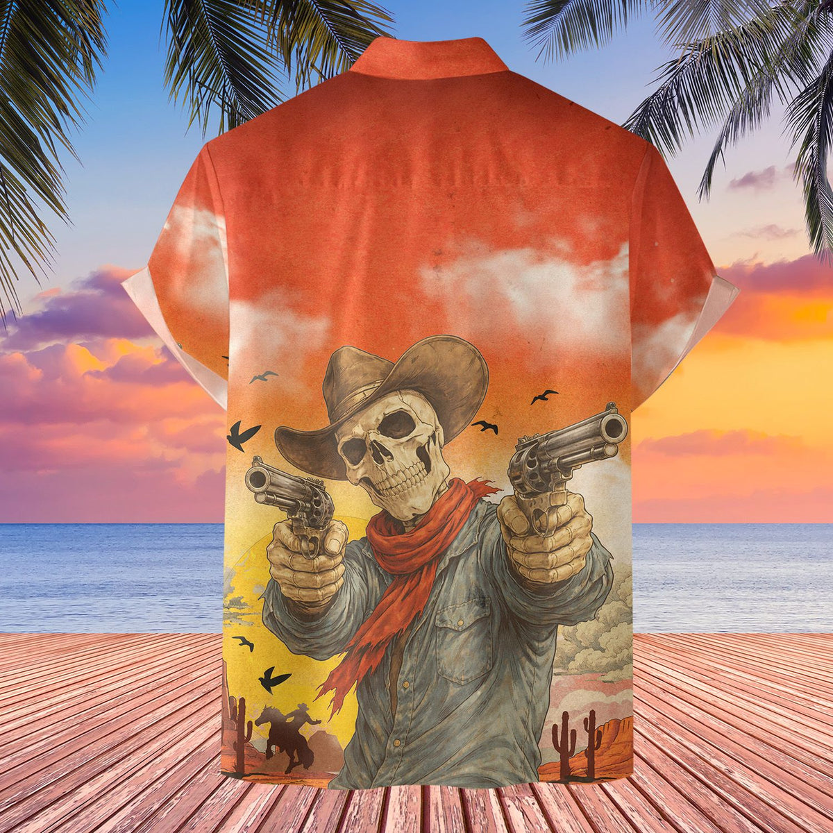 Western skeleton hawaiian shirt, back angle view