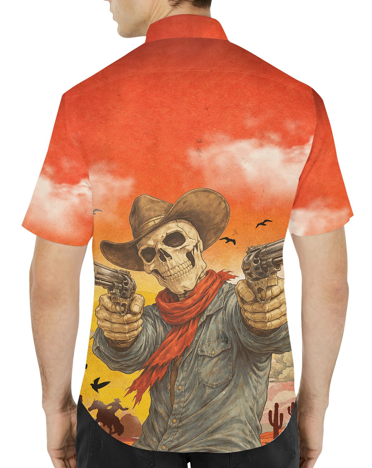 Western skeleton hawaiian shirt, back view